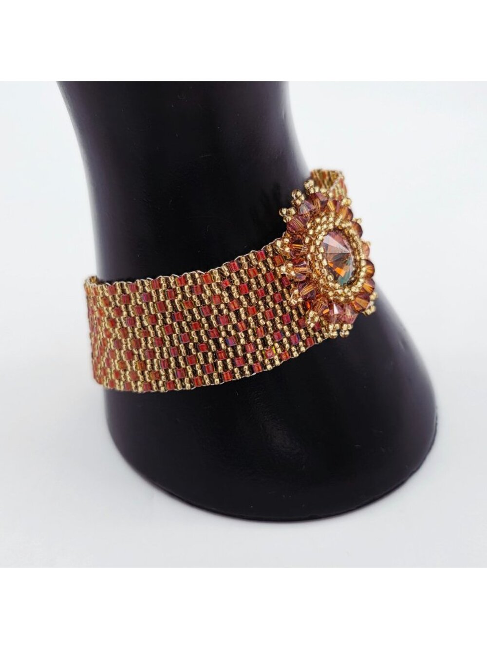 Beaded Bracelet With Swarovski Crystal & Gold-Tone Accents Handmade Amber
